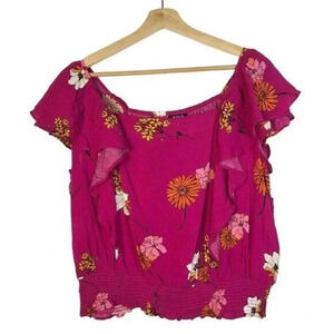 A.N.A Hot Pink Floral Flutter Short Sleeve Blouse L